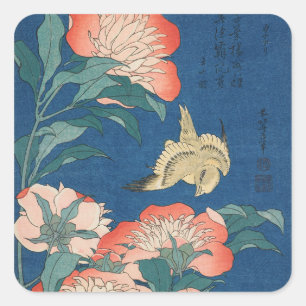 Hokusai Japanse Kunst Pioenrozen en Kanariepiet Vierkante Sticker