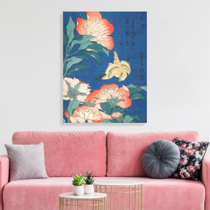 Hokusai Japanse Kunst Pioenrozen en Kanarievogel Canvas Afdruk