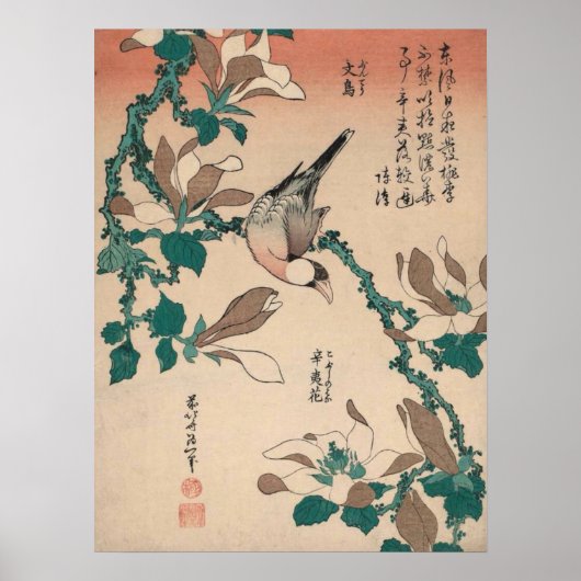 Hokusai Java Sparrow on Magnolia Gallery Poster (Voorkant)