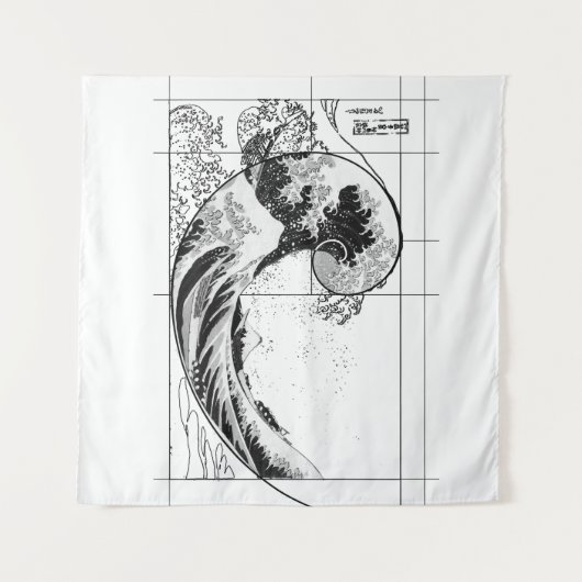 Hokusai Meets Fibonacci, Black and White Tapestry Wandkleed (Voorkant (horizontaal))