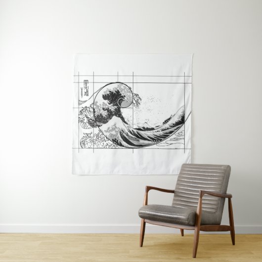 Hokusai Meets Fibonacci, Black and White Tapestry Wandkleed (In situ)