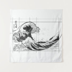 Hokusai Meets Fibonacci, Black and White Tapestry Wandkleed