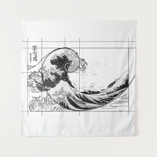 Hokusai Meets Fibonacci, Black and White Tapestry Wandkleed (Voorkant)