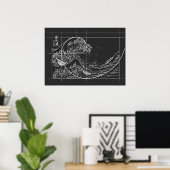 Hokusai Meets Fibonacci lineair zwart-wit Poster (Thuiskantoor)