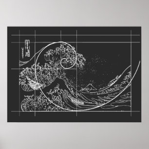 Hokusai Meets Fibonacci lineair zwart-wit Poster