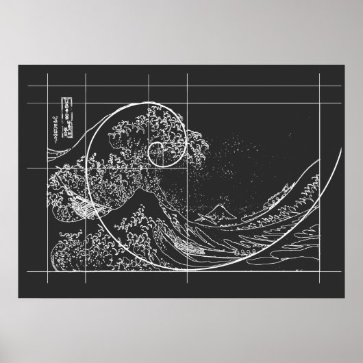 Hokusai Meets Fibonacci lineair zwart-wit Poster (Voorkant)