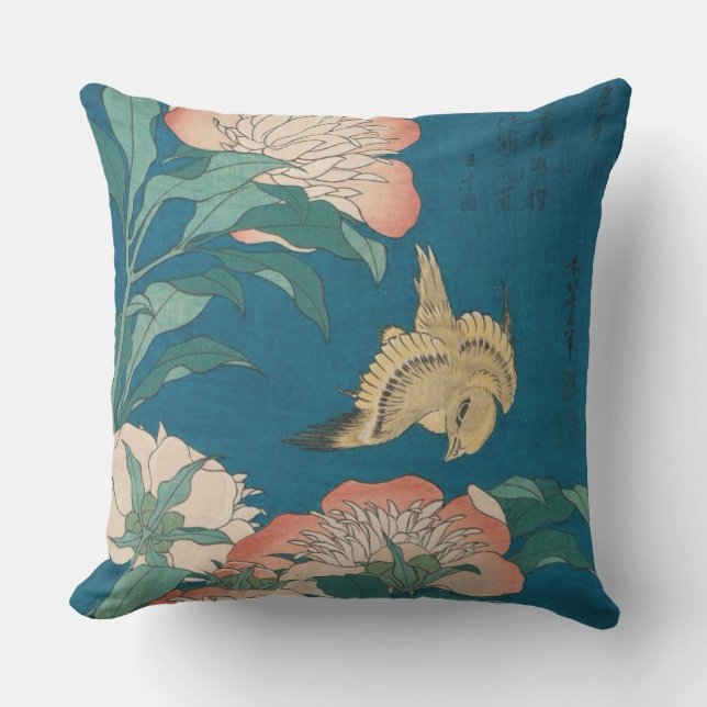 Hokusai Peonies en Canarische  galerieHD Buitenkussen (Voorkant)