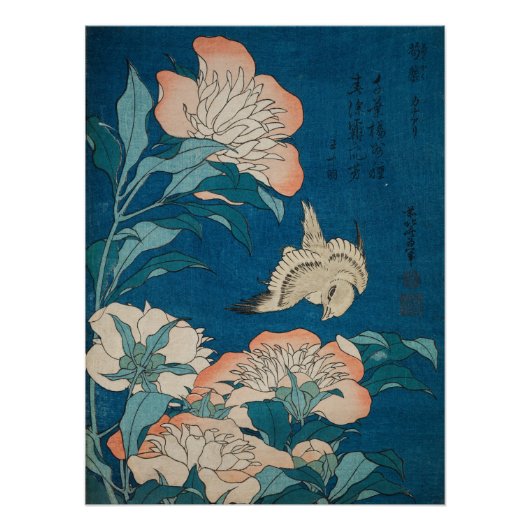 Hokusai Peonies en Canarische  galerieHD Poster (Voorkant)
