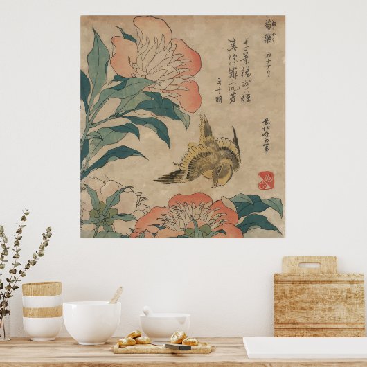 Hokusai Peony en Canarische Eilanden Poster (Keuken)