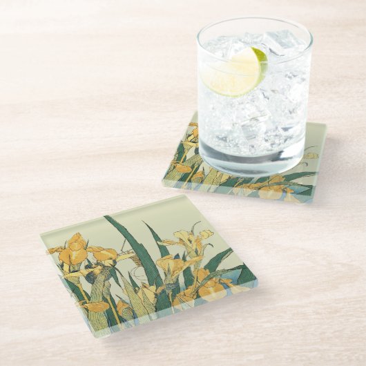 Hokusai sprinkhaan en iris Japan Glazen Onderzetter (Schuin)