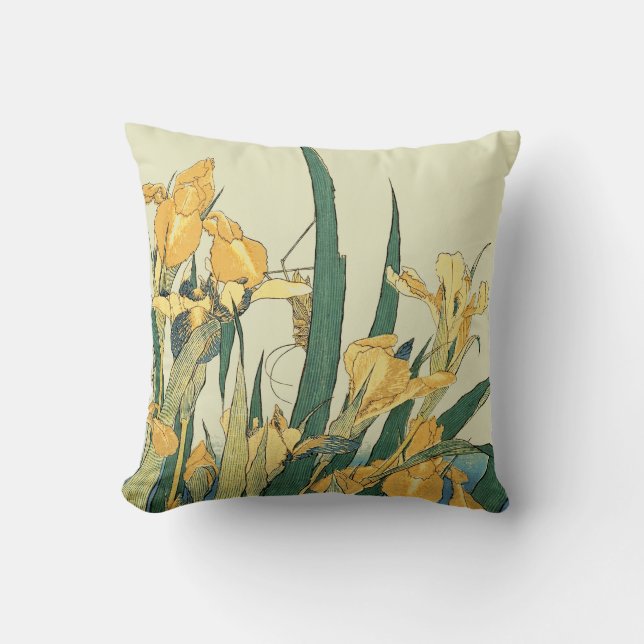 Hokusai Sprinkhaan Iris Vintage Print: Japans Kussen (Voorkant)