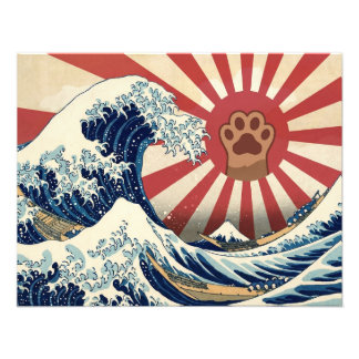 HOKUSAI "The Great Wave" & Rising Sun Flag & Cat Foto Afdruk