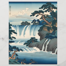 Hokusai Ukiyo-e Japanse waterval landschap blauw