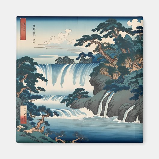 Hokusai Ukiyo-e Japanse waterval landschap blauw Magneet (Voorkant)