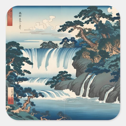Hokusai Ukiyo-e Japanse waterval landschap blauw Vierkante Sticker (Voorkant)