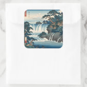 Hokusai Ukiyo-e Japanse waterval landschap blauw Vierkante Sticker (Tas)