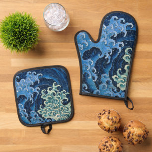 Hokusai Vrouwelijke Golf Oceaan Ovenwant & Pannenlap Set
