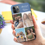 Hola! 4 Fotocollage blauw gepersonaliseerd Case-Mate iPhone Case<br><div class="desc">Creëer uw eigen aangepaste foto telefoonhoesje voor iphone 11 pro max en vele andere modellen. Het ontwerp is voorzien van een rasterstijl fotocollage met 4 van je favoriete foto's, jouw naam en het woord ¡Hola! in typemachinetekst. De fotosjabloon staat klaar voor u om uw foto's toe te voegen en werkt...</div>