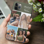 Hola! 4 Fotocollage Groen gepersonaliseerd Case-Mate iPhone Case<br><div class="desc">Creëer uw eigen aangepaste foto telefoonhoesje voor iphone 11 pro max en vele andere modellen. Het ontwerp is voorzien van een rasterstijl fotocollage met 4 van je favoriete foto's, jouw naam en het woord ¡Hola! in typemachinetekst. De fotosjabloon staat klaar voor u om uw foto's toe te voegen en werkt...</div>