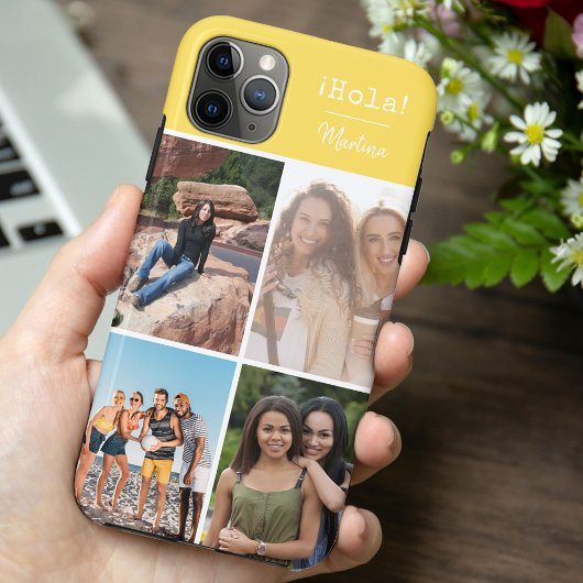 Hola! 4 Fotocollage Helder Geel Gepersonaliseerd Case-Mate iPhone Case