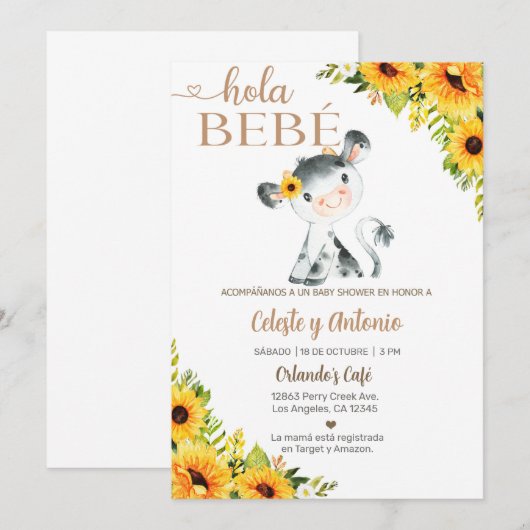 Hola bebé koe meisje baby shower nodigt uit, Spaan Kaart (Voorkant / Achterkant)