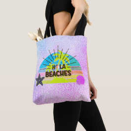 Hola stranden zon, strand zilveren blauwe roze pal tote bag