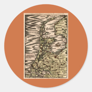 "Holand" - 1598 Hand Colored Woodblock Holland Map Ronde Sticker