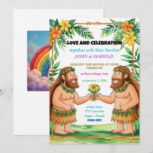 holbewoners huwelijksuitnodiging gay feestdagenkaart (Voorkant / Achterkant)