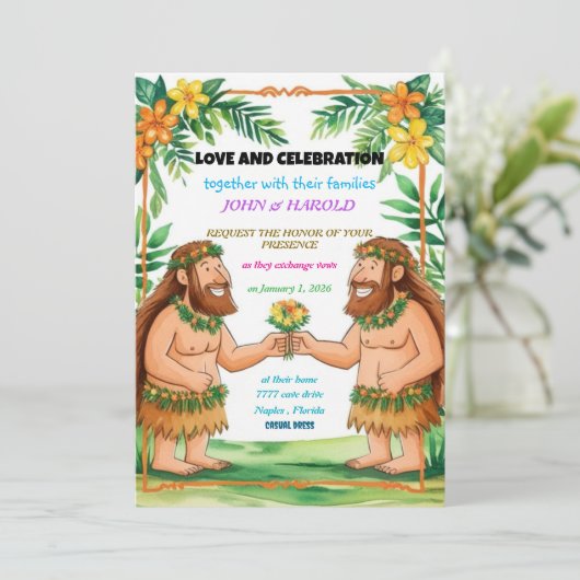 holbewoners huwelijksuitnodiging gay feestdagenkaart (Staand voorkant)