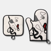 Holding Pattern: Abstract zwart, wit, grijs & rood Ovenwant & Pannenlap Set (Voorkant)