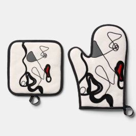 Holding Pattern: Abstract zwart, wit, grijs & rood Ovenwant & Pannenlap Set