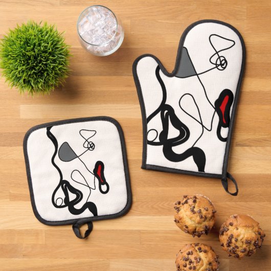 Holding Pattern: Abstract zwart, wit, grijs & rood Ovenwant & Pannenlap Set (Top down)