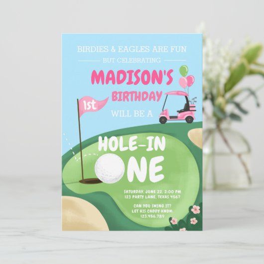 Hole in één Golfmeisje roze eerste verjaardag T-sh Kaart (Staand voorkant)