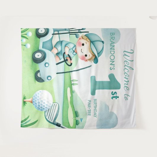 Hole in One 1e verjaardag jongen golf par-tij Wandkleed (Voorkant (horizontaal))