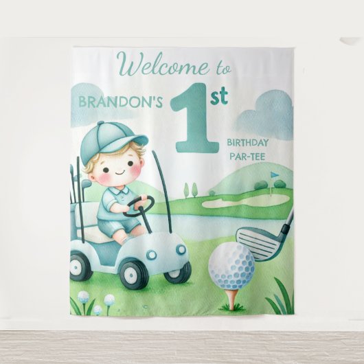Hole in One 1e verjaardag jongen golf par-tij Wandkleed (Voorkant)
