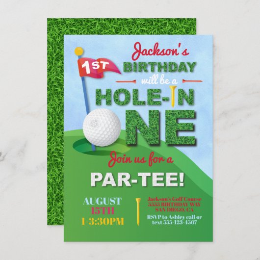 Hole in One 1st Birthday Par-t-shirt Invitation Kaart (Voorkant / Achterkant)