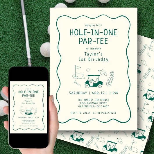 Hole In One 1st Birthday Par-tee Hand Drawn Green Kaart