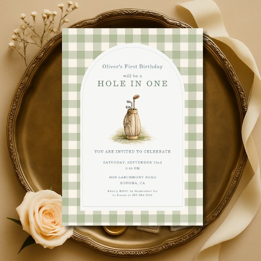 Hole in One 1st Year Sage Green Gingham Birthday Kaart