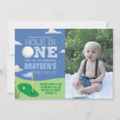 Hole in One Blue Golf Theme Jongens Eerste Verjaar Kaart (Voorkant)