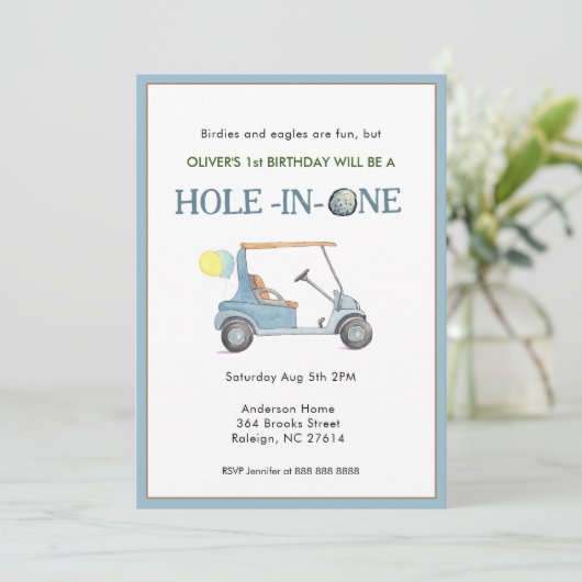 Hole in One Boy 1st Birthday Party Uitnodiging (Staand voorkant)