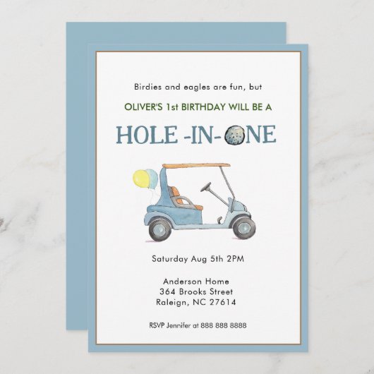 Hole in One Boy 1st Birthday Party Uitnodiging (Voorkant / Achterkant)