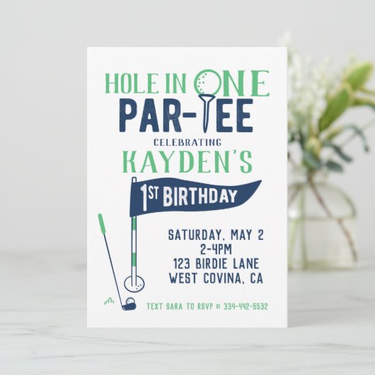 Hole in One Doodle Golf First Birthday Invitation Kaart (Staand voorkant)