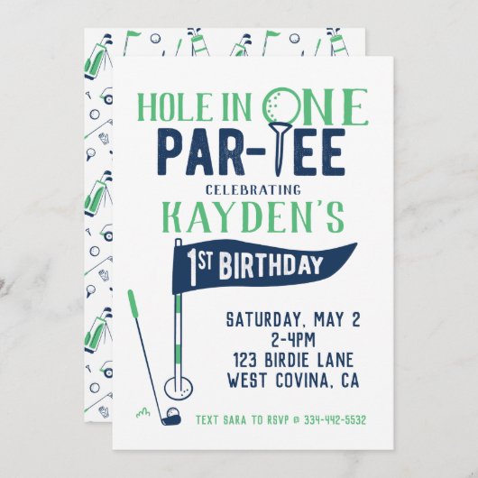 Hole in One Doodle Golf First Birthday Invitation Kaart (Voorkant / Achterkant)