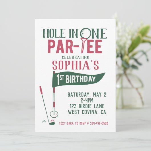 Hole in One Doodle Golf First Birthday Invitation Kaart (Staand voorkant)