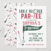 Hole in One Doodle Golf First Birthday Invitation Kaart (Voorkant / Achterkant)