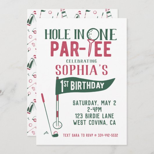 Hole in One Doodle Golf First Birthday Invitation Kaart (Voorkant / Achterkant)