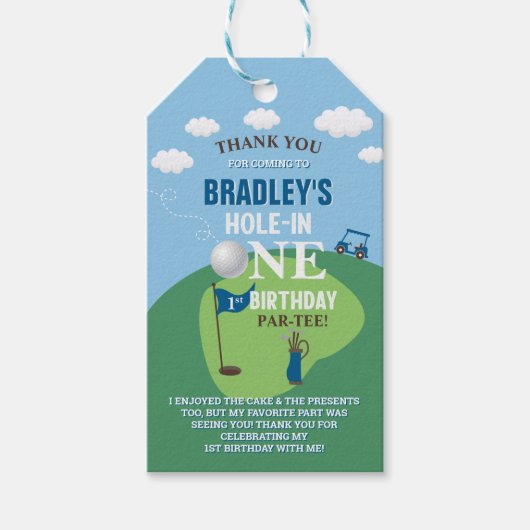 Hole in One Golf 1e verjaardag dank u Cadeaulabel (Voorkant)