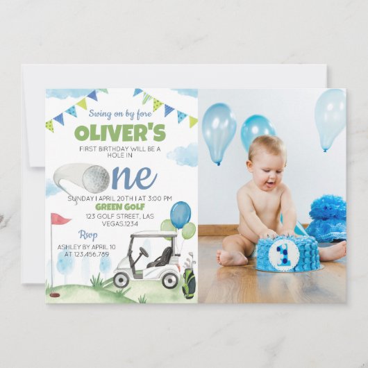 Hole in One Golf 1e verjaardag uitnodiging (Voorkant)