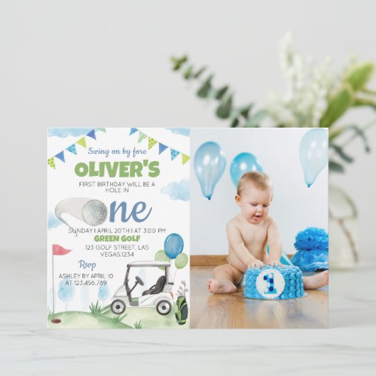 Hole in One Golf 1e verjaardag uitnodiging (Staand voorkant)