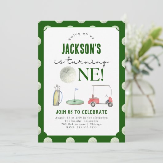 Hole in One Golf 1e verjaardag uitnodiging (Staand voorkant)